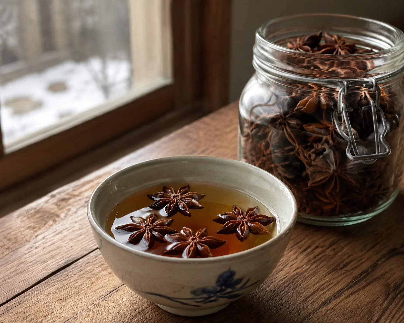 A glass cup of pale amber star anise water beside a small cloth bag of whole pods