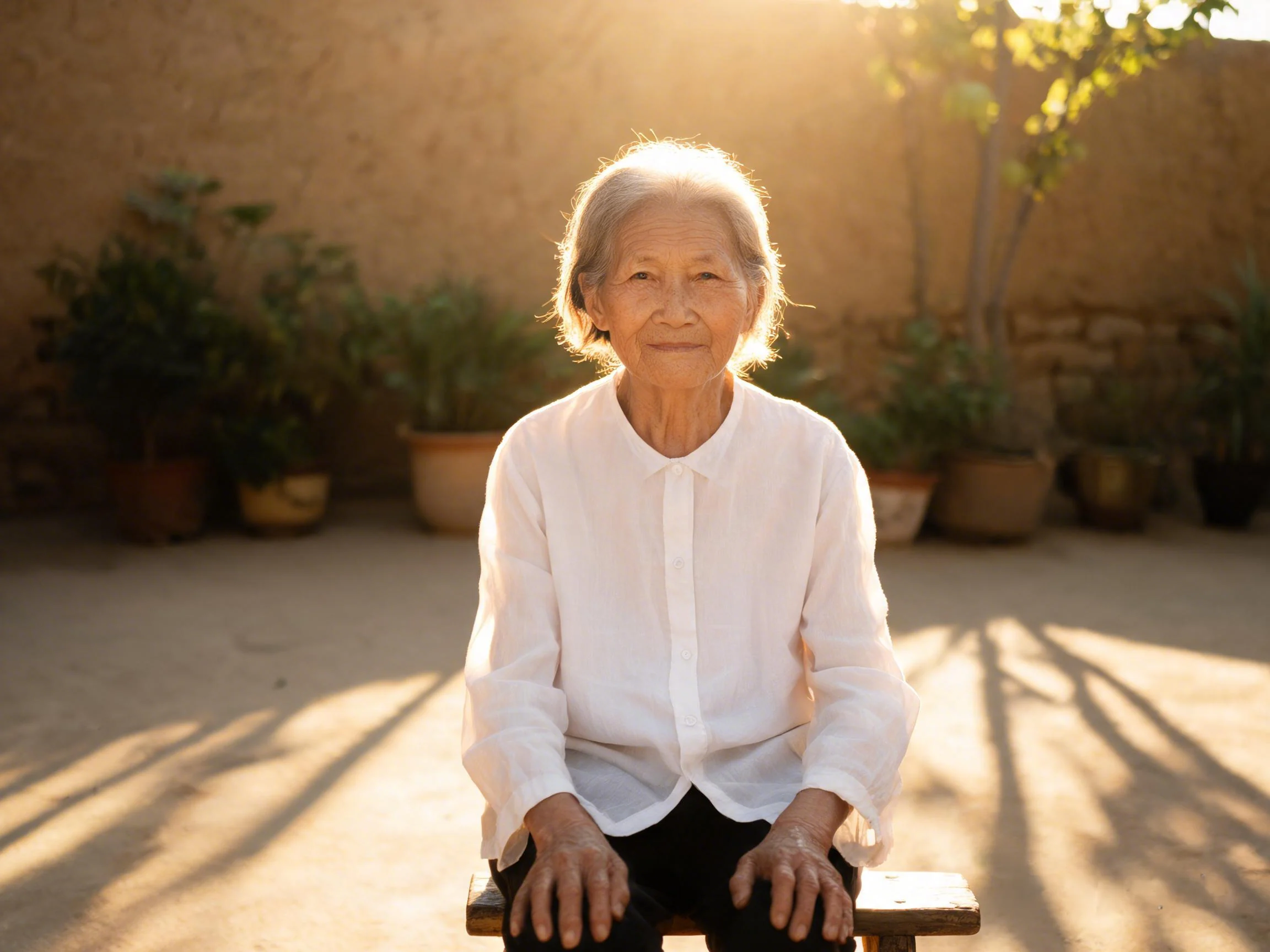 An older woman seated in a courtyard with her back to the gentle morning sun