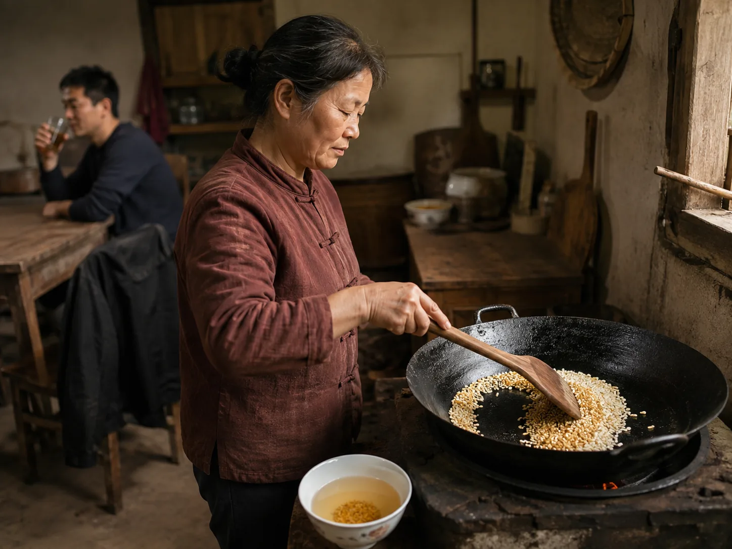 A woman stirring dry rice in an iron wok while a relative sits behind her