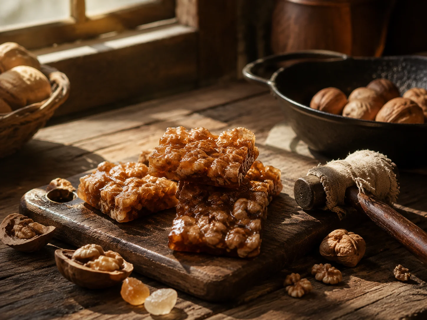 Cracked rock sugar and shelled walnuts in a folded paper sheet beside a hammer