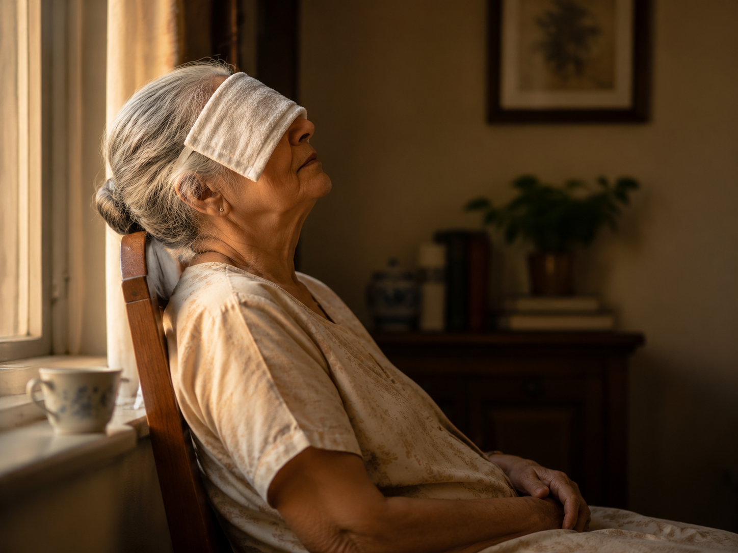 An older woman resting by a window with a warm folded towel over her eyes