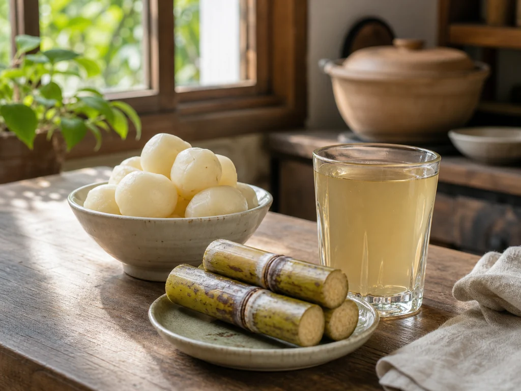 Water chestnuts and sugarcane on a kitchen table