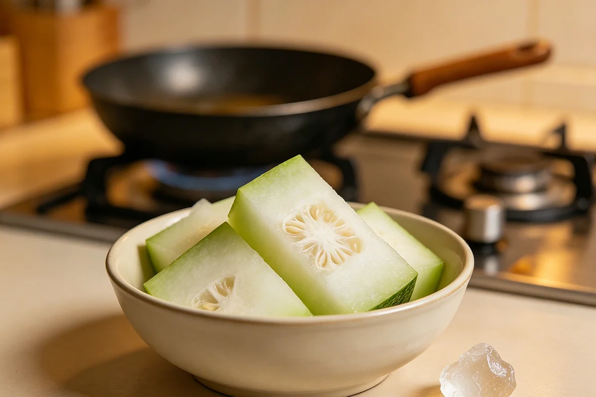 Winter melon pieces and a jar of brown winter melon tea concentrate