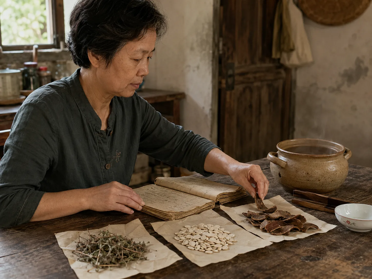 A woman sorting dried xiangru, white beans, and bark beside an old notebook