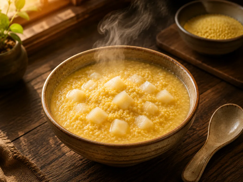 Yellow millet porridge with soft pieces of Chinese yam